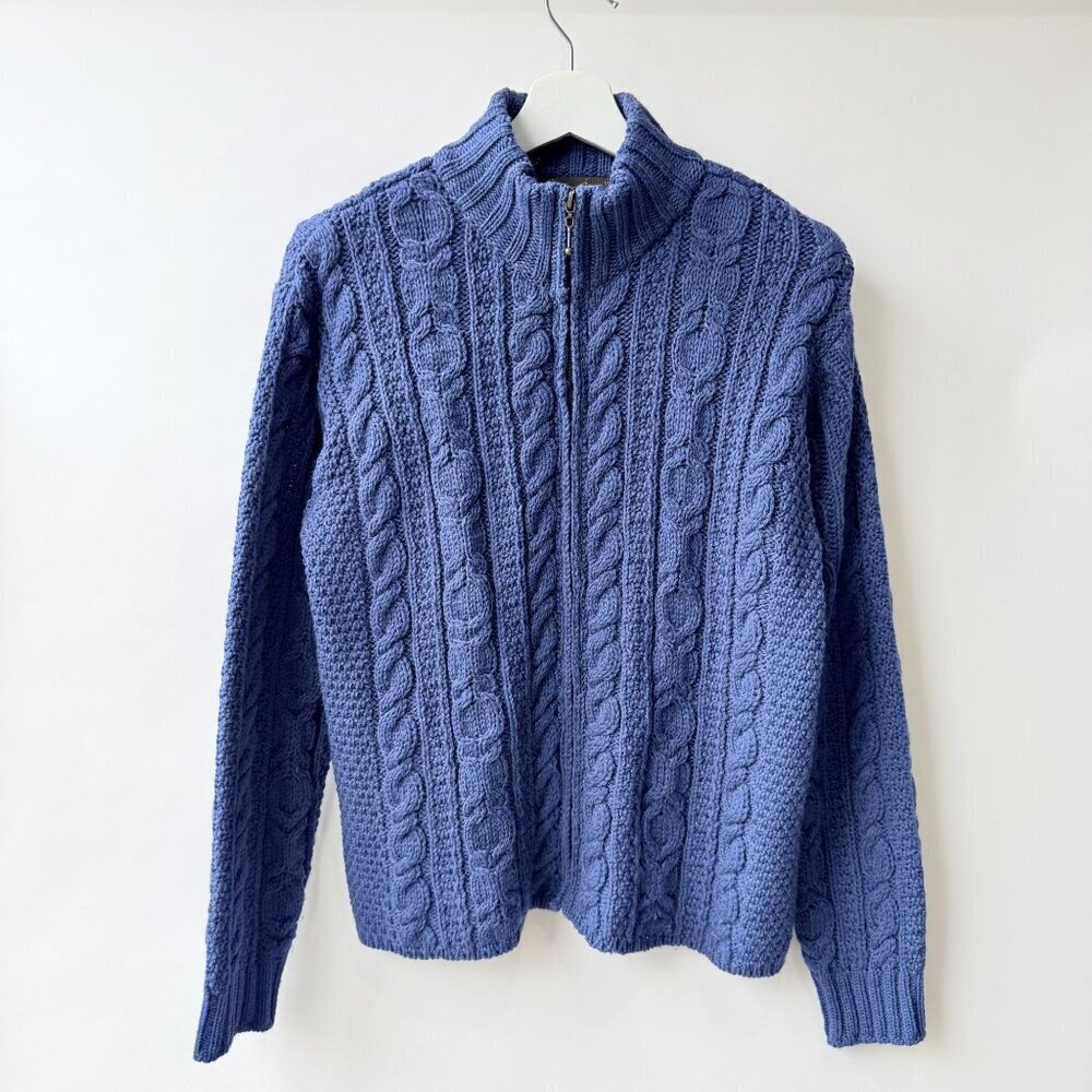 Inis Crafts Blue Fisherman Cable Knit Zip Cardigan Sweater Size M D52